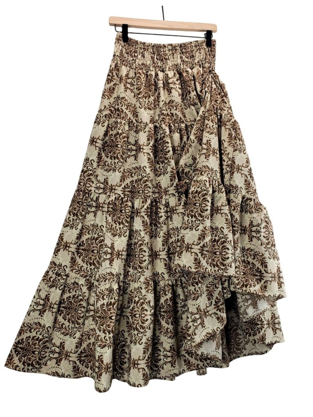 Maxi Boho Tiered Skirt M Shein Beige Brown Damask Print Smocked Elastic Waist
